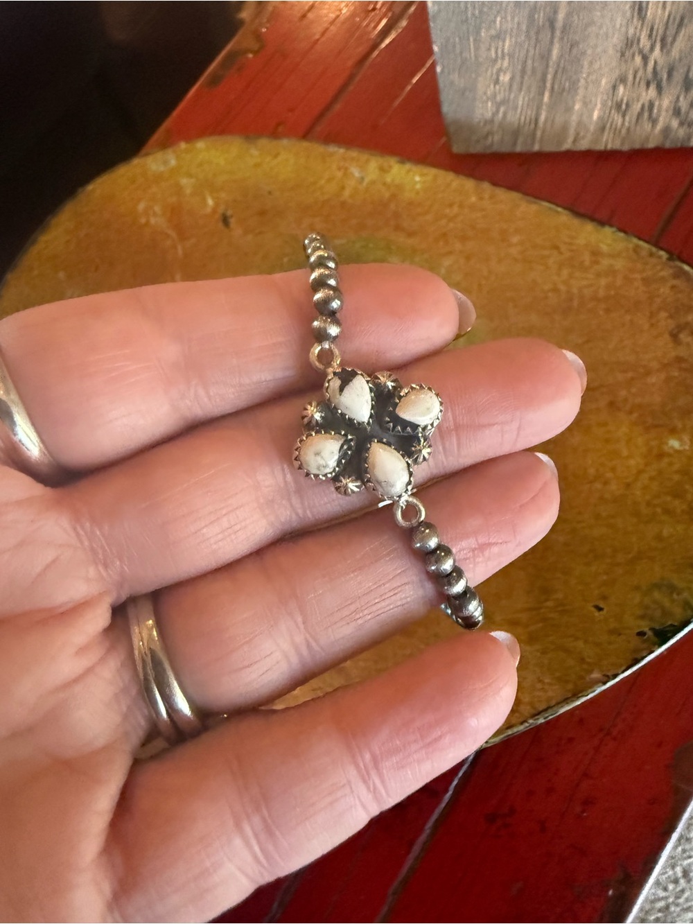 Sterling Silver Beaded Stretch Bracelet with White Buffalo Clover Pendant